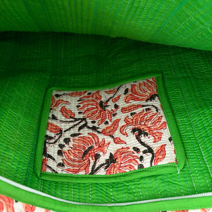 Red and black floral block-print cotton quilted tote bag