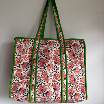 Red and black floral block-print cotton quilted tote bag