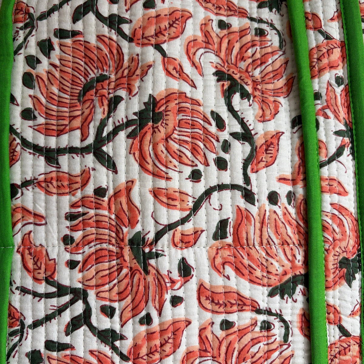 Red and black floral block-print cotton quilted tote bag