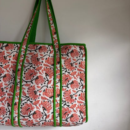 Red and black floral block-print cotton quilted tote bag