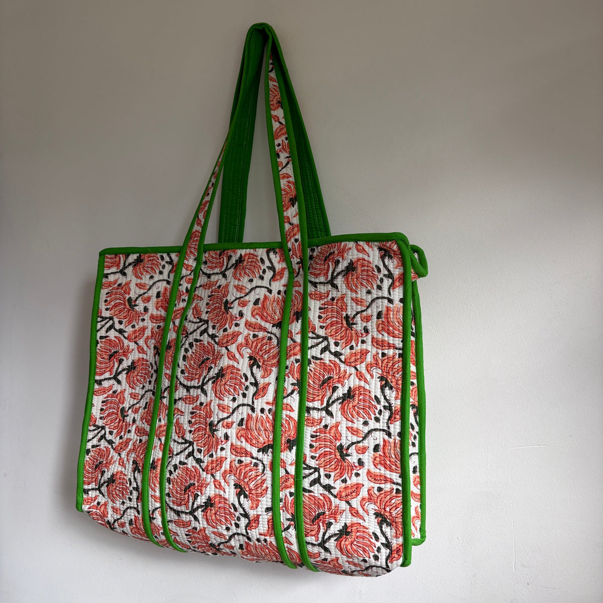 Red and black floral block-print cotton quilted tote bag