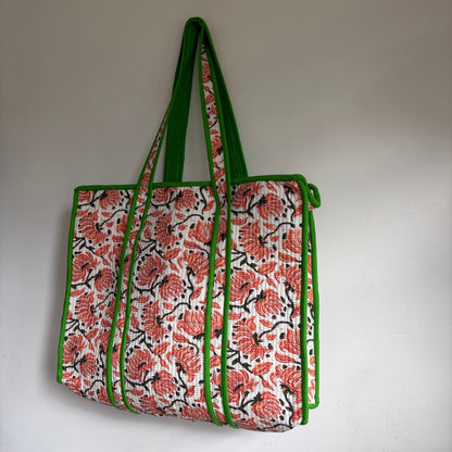 Red and black floral block-print cotton quilted tote bag