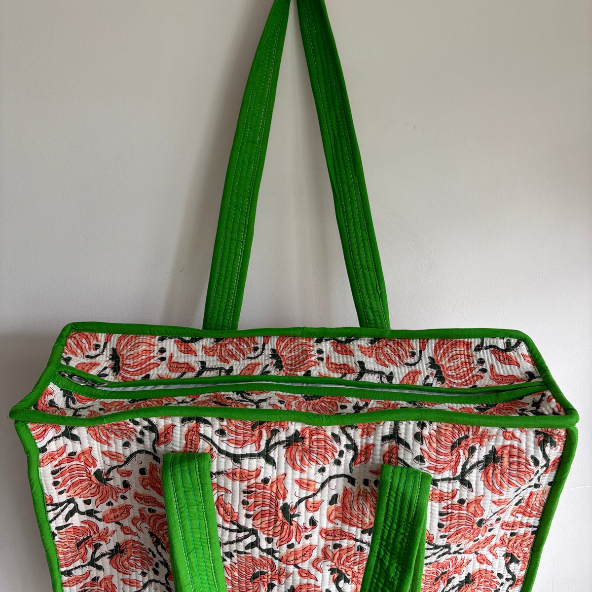 Red and black floral block-print cotton quilted tote bag