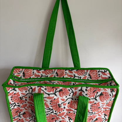 Red and black floral block-print cotton quilted tote bag