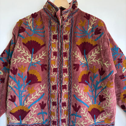 Dusty Rose Suzani Embroidery Velvet Jacket