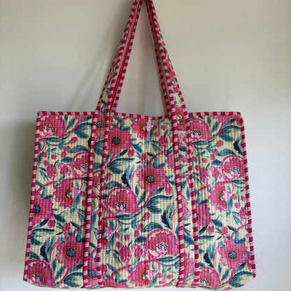 Pink Floral Cotton quilted Tote bag 