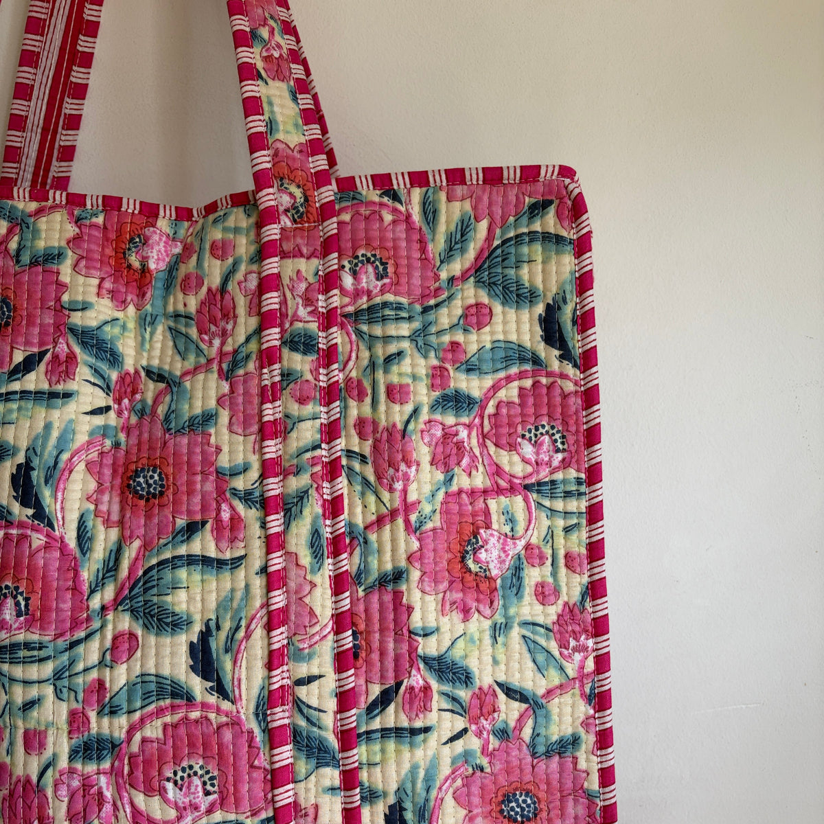 Pink Floral Cotton quilted Tote bag 