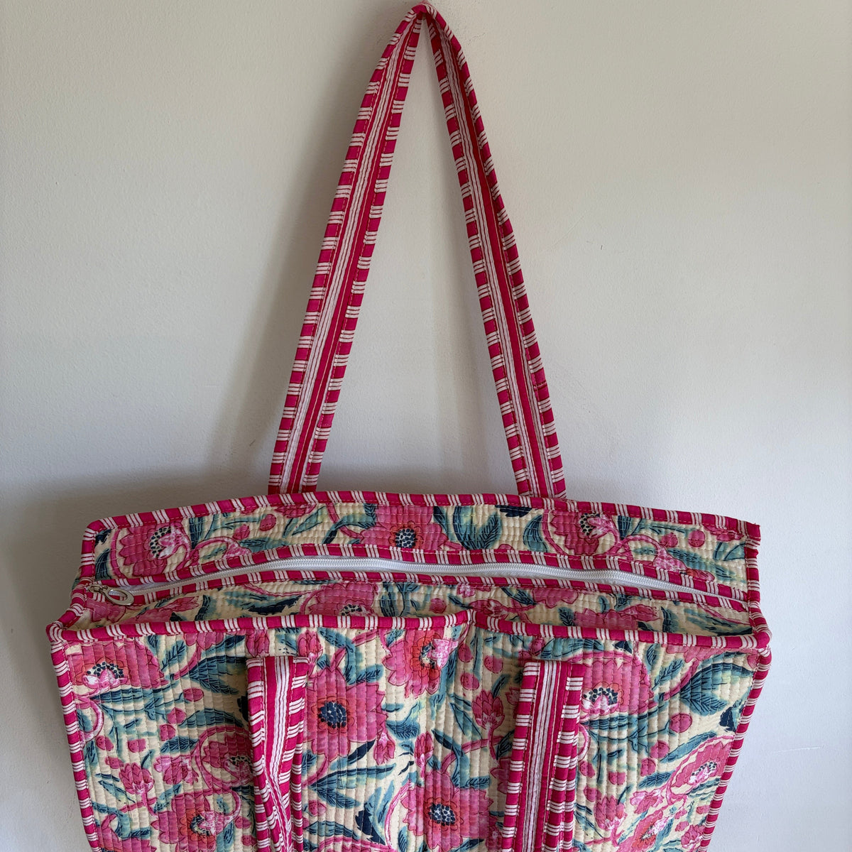 Pink Floral Cotton quilted Tote bag 