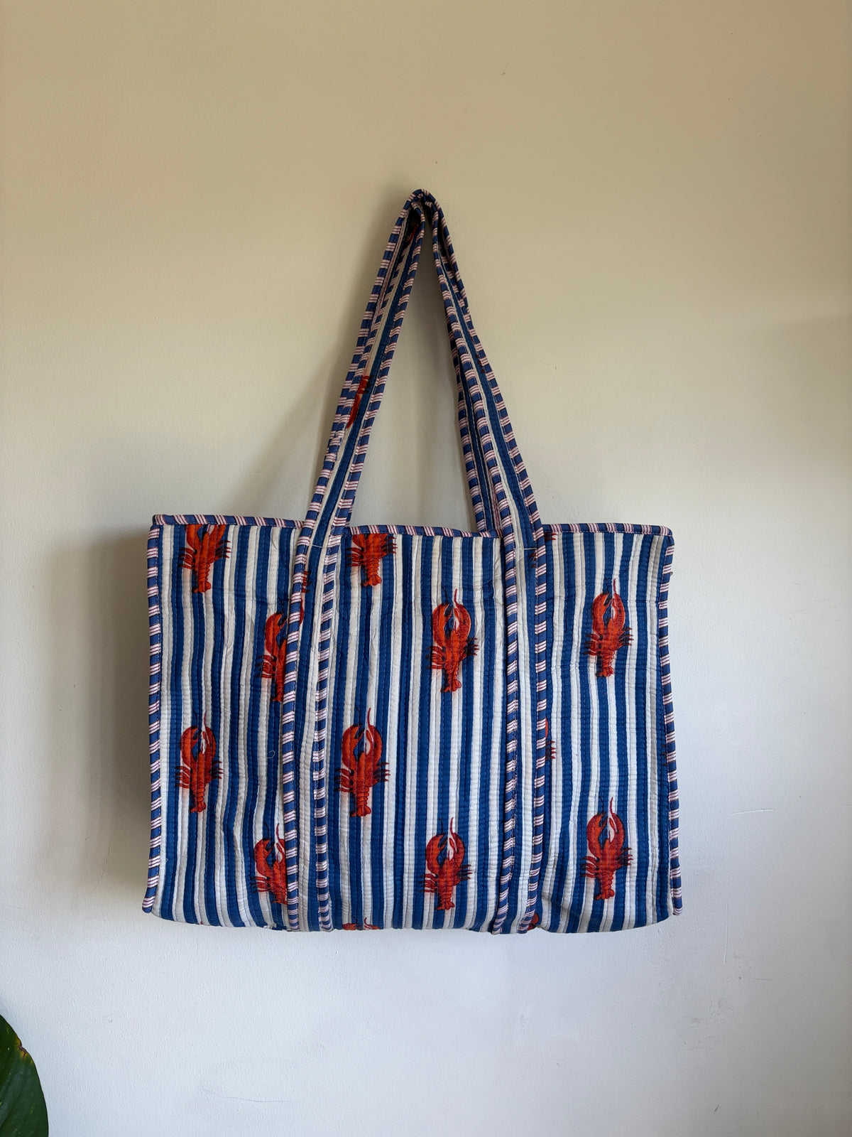 Pink Striped Lobster Print Cotton Quilted Tote Bag