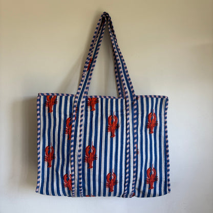 Blue Striped Lobster Quilted Tote Bag