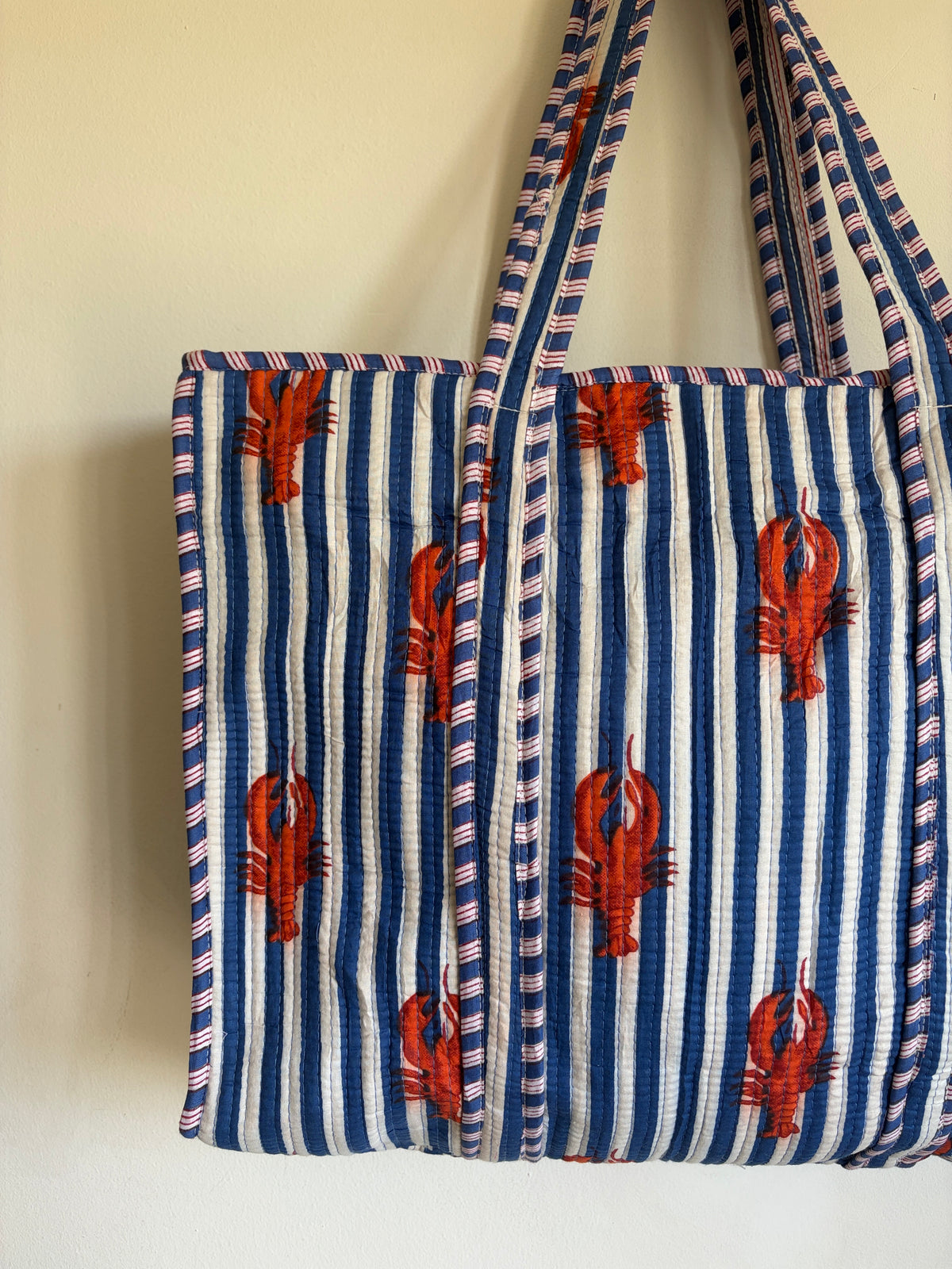 Light Pink Striped Lobster Quilted Tote Bag