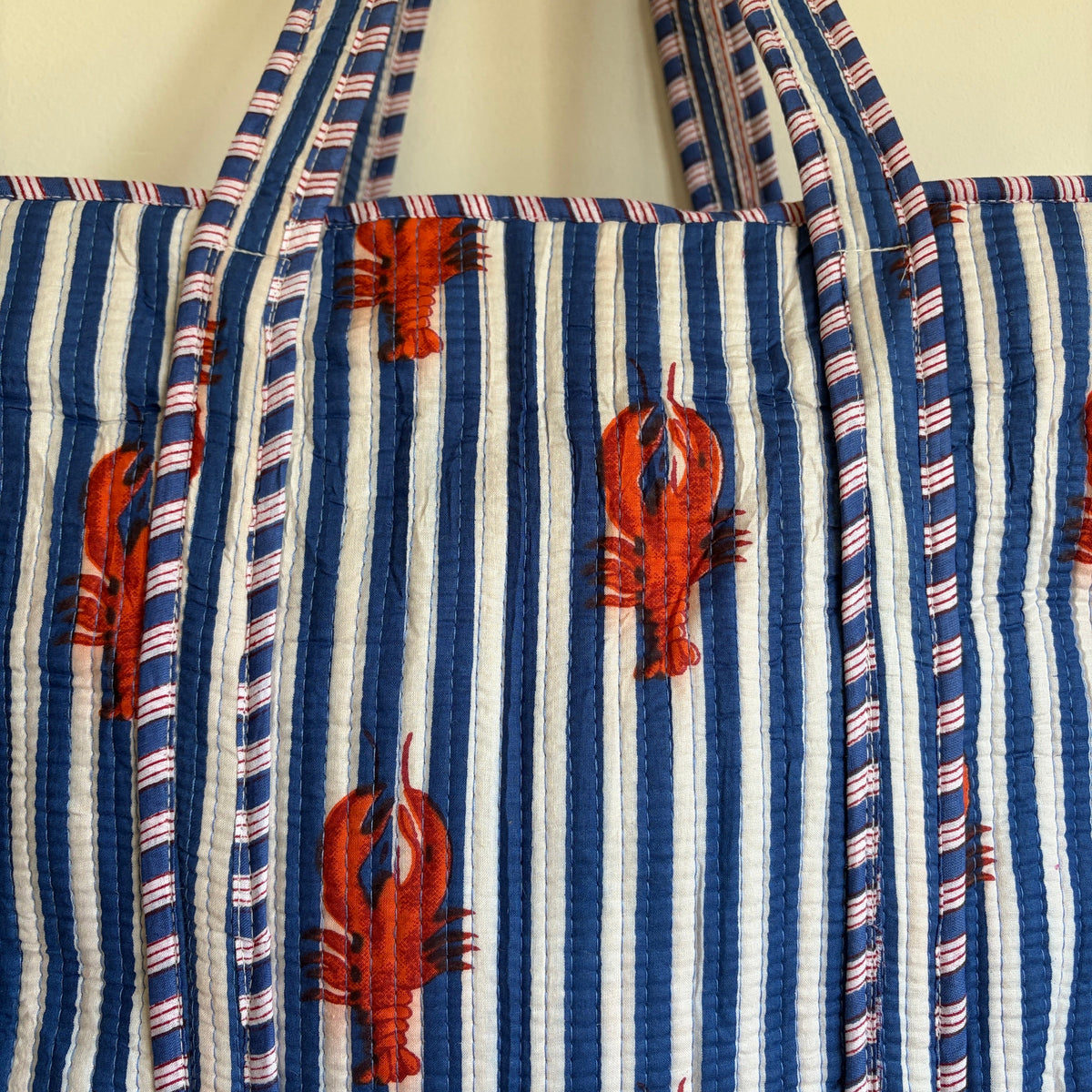 Light Pink Striped Lobster Quilted Tote Bag
