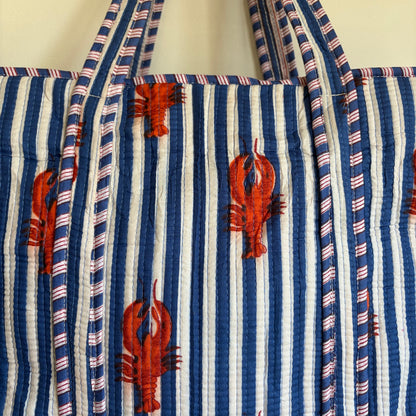 Light Pink Striped Lobster Quilted Tote Bag