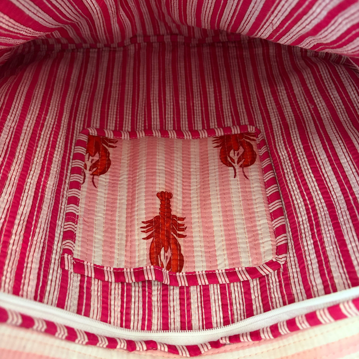 Light Pink Striped Lobster Quilted Tote Bag