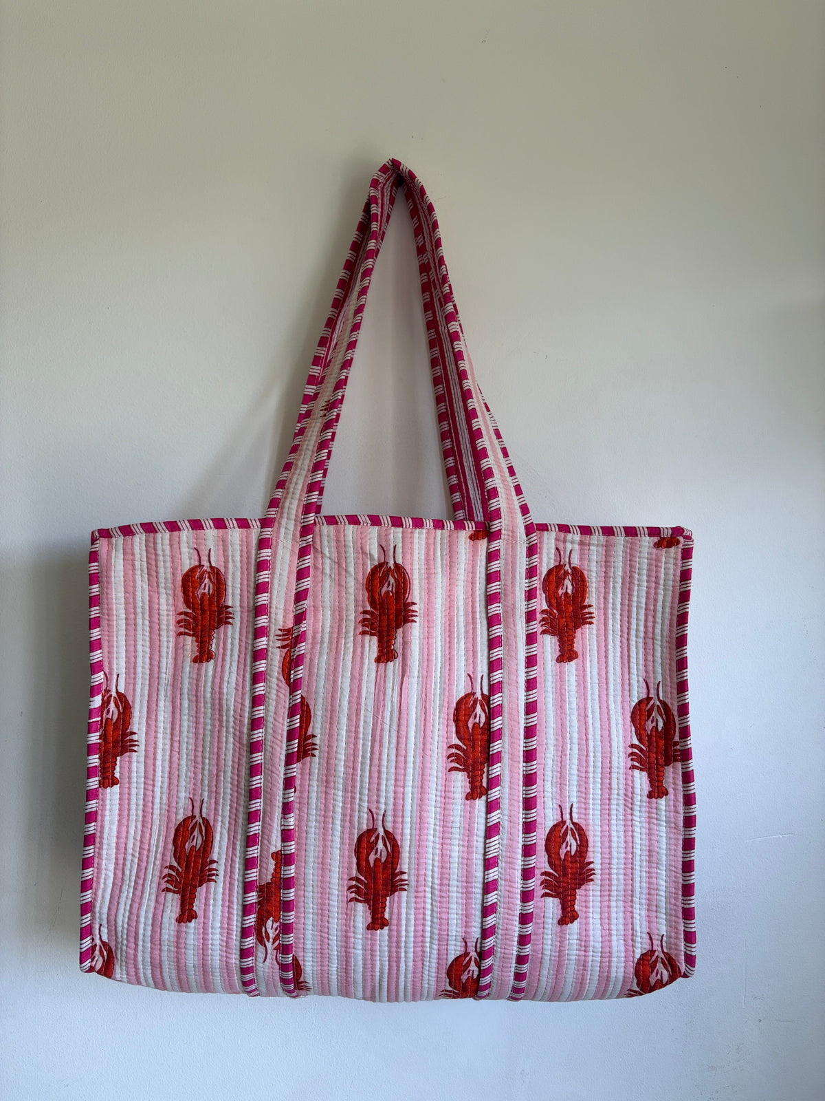 Pink Striped Lobster Print Cotton Quilted Tote Bag