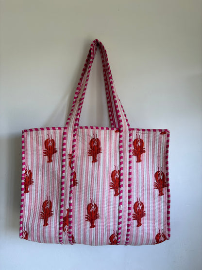 Pink Striped Lobster Print Cotton Quilted Tote Bag