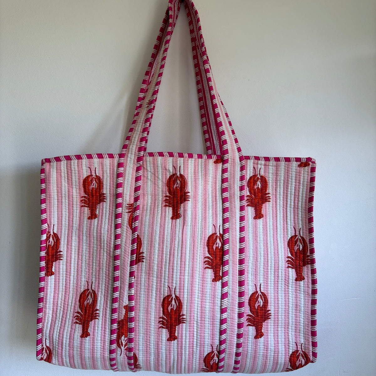 Light Pink Striped Lobster Quilted Tote Bag