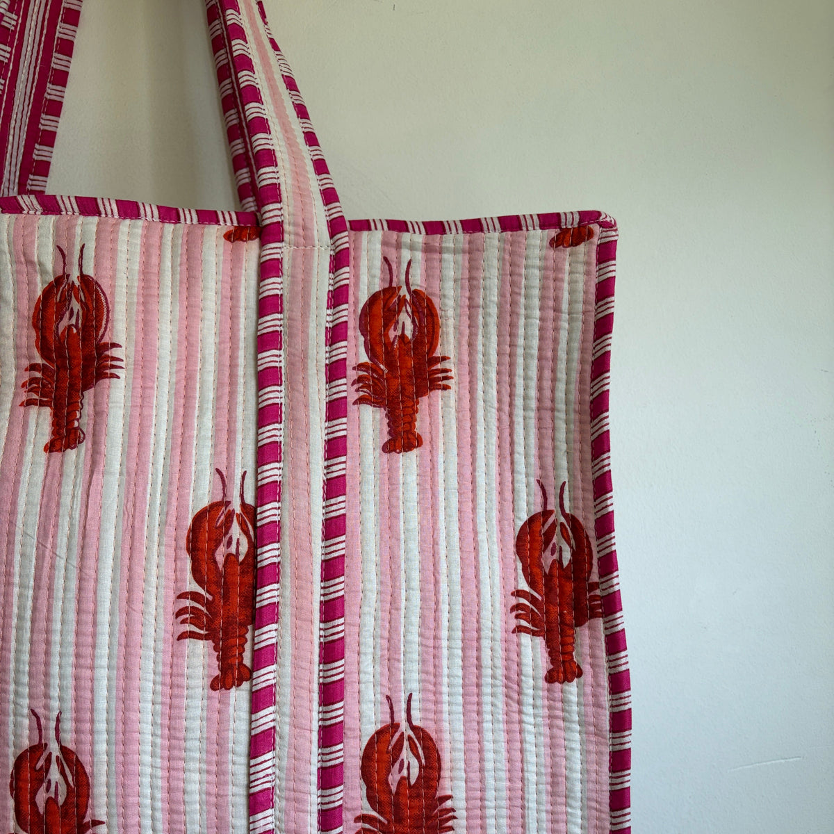 Light Pink Striped Lobster Quilted Tote Bag