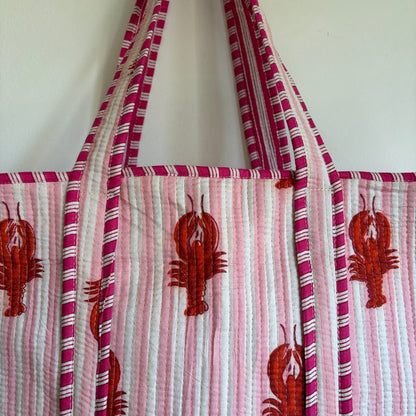 Light Pink Striped Lobster Quilted Tote Bag