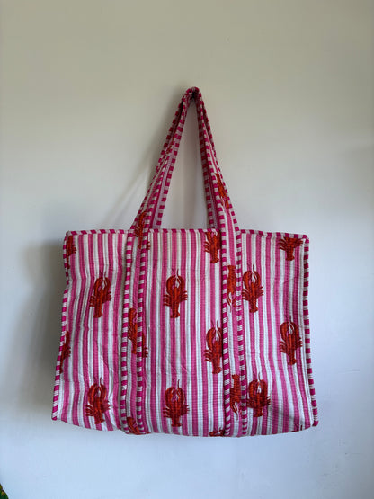 Pink Striped Lobster Print Cotton Quilted Tote Bag