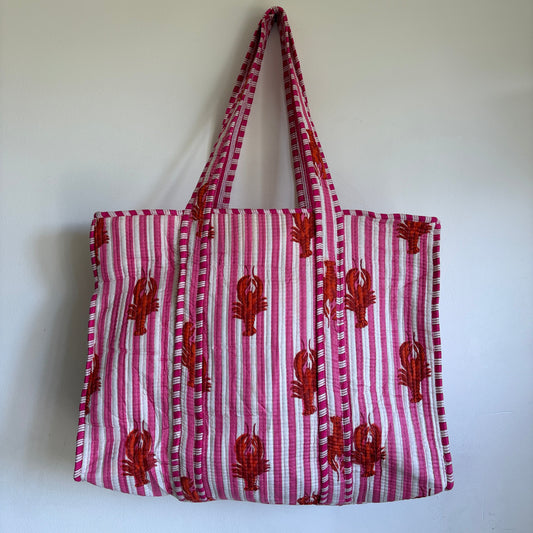 Pink Striped Lobster Quilted Tote Bag