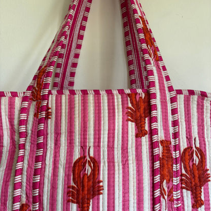 Pink Striped Lobster Quilted Tote Bag