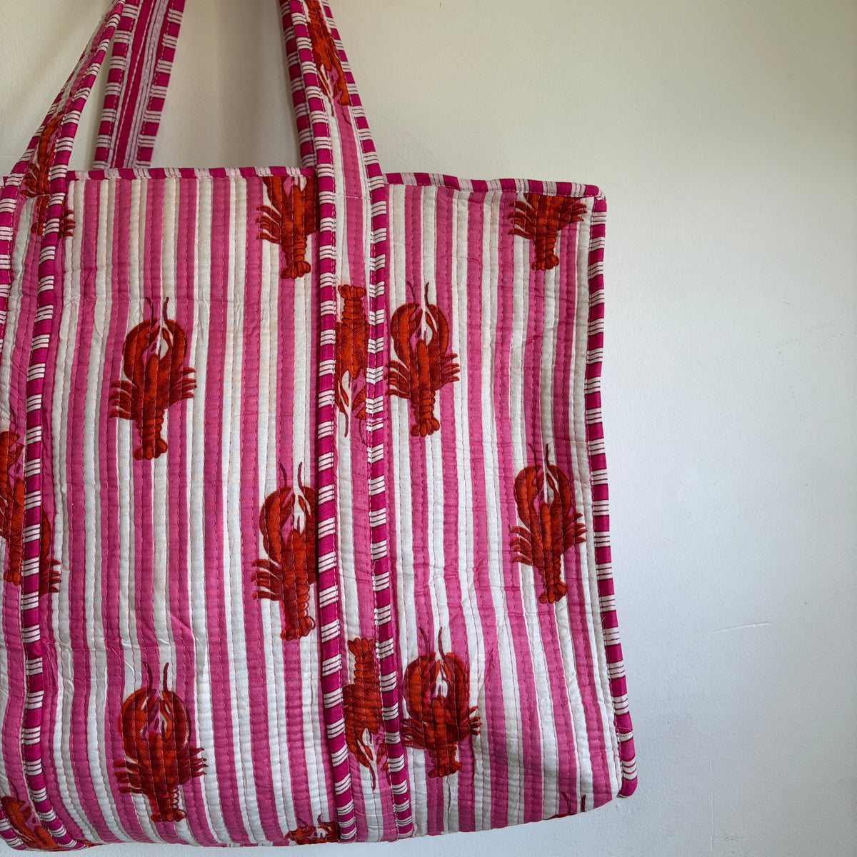 Pink Striped Lobster Quilted Tote Bag