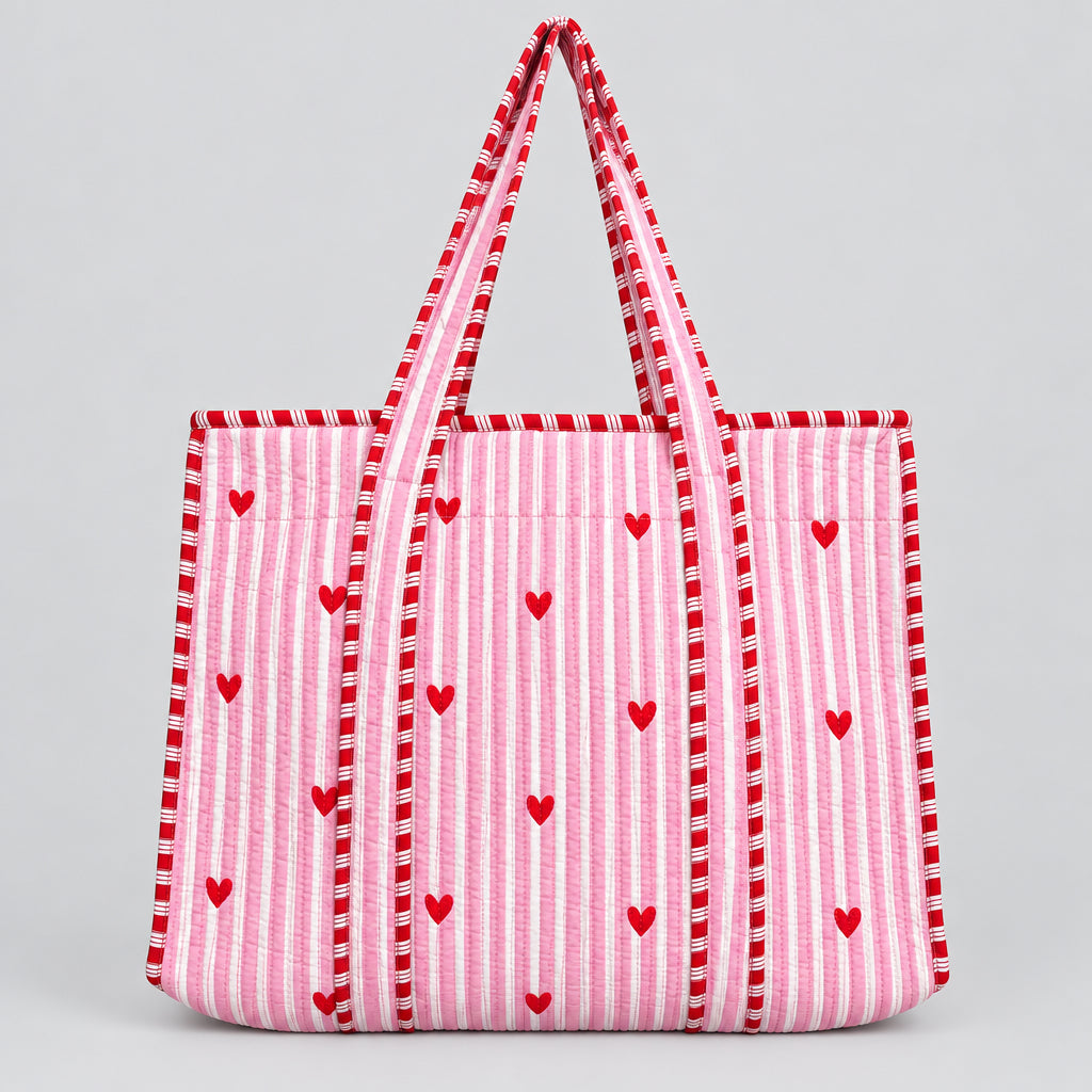 Pink Stripe & Heart Quilted Tote Bag
