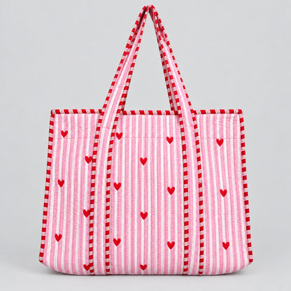 Pink Stripe & Heart Quilted Tote Bag