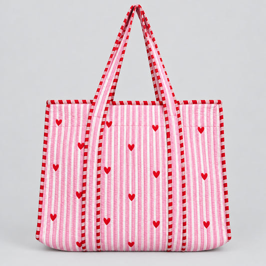 Pink Stripe & Heart Quilted Tote Bag