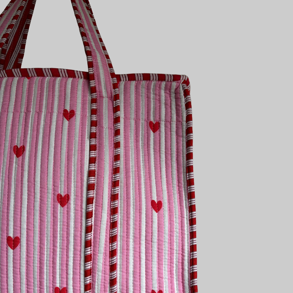 Pink Stripe & Heart Quilted Tote Bag
