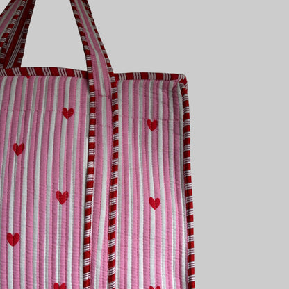 Pink Stripe & Heart Quilted Tote Bag