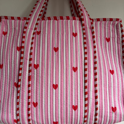 Pink Stripe & Heart Quilted Tote Bag