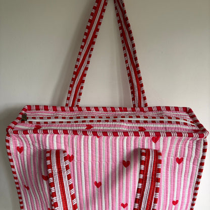 Pink Stripe & Heart Quilted Tote Bag