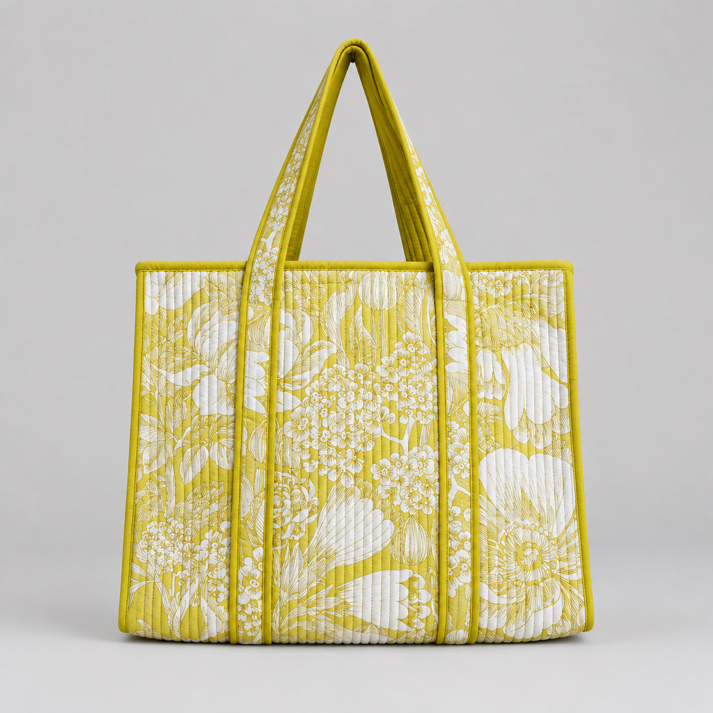 Cotton Quilted tote bag with a yellow and white floral pattern. 