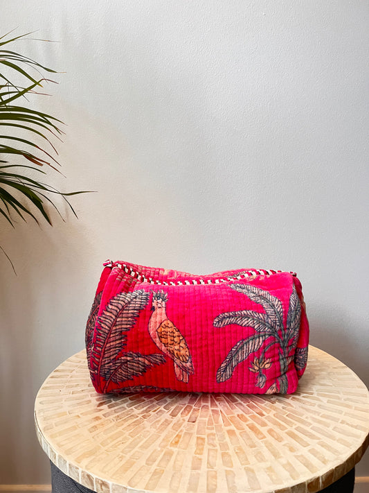 A set of 3 Jungle Print Pink Velvet Quilted Pouches