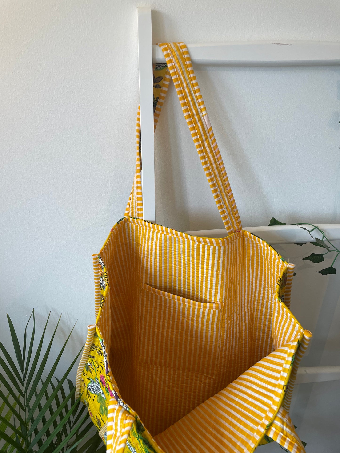 Quilted Block Print Tote Bag