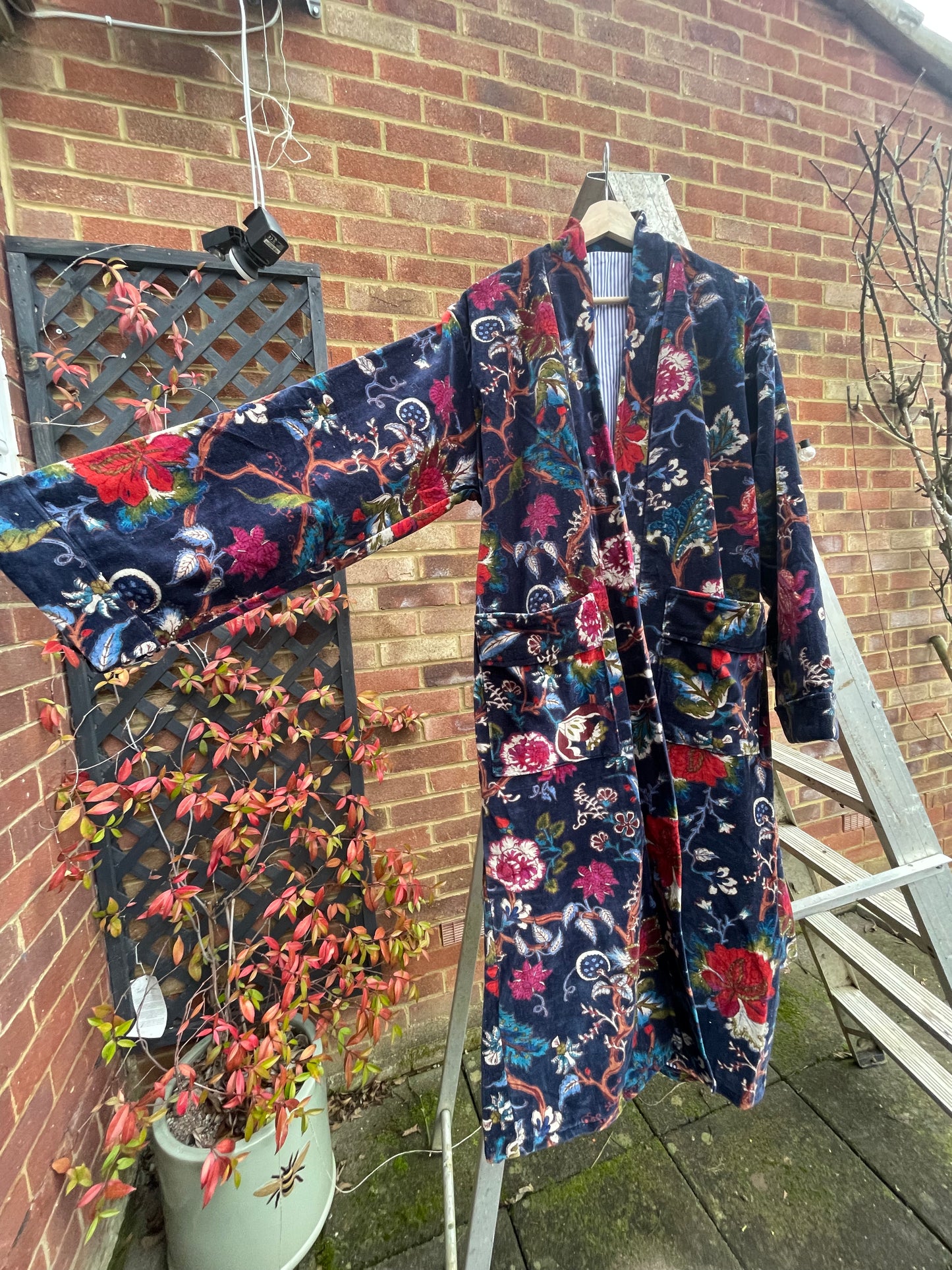 Printed Velvet Kimono Robe,Indian Flower print Velvet Bath Robe, Unisex Velvet Robe