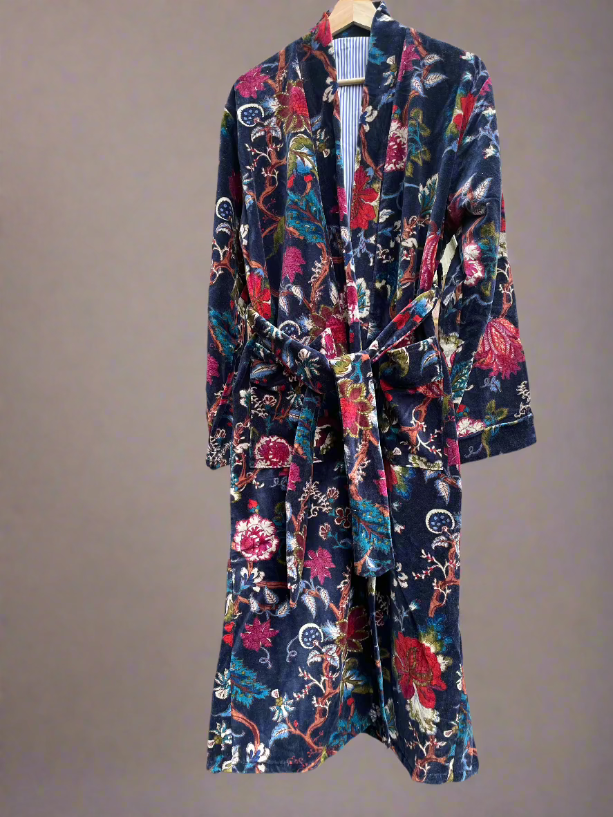 Printed Velvet Kimono Robe,Indian Flower print Velvet Bath Robe, Unisex Velvet Robe