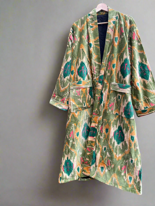 Women Robe Velvet Ikat Print Kimono Robes, Morning Tea Velvet Coat