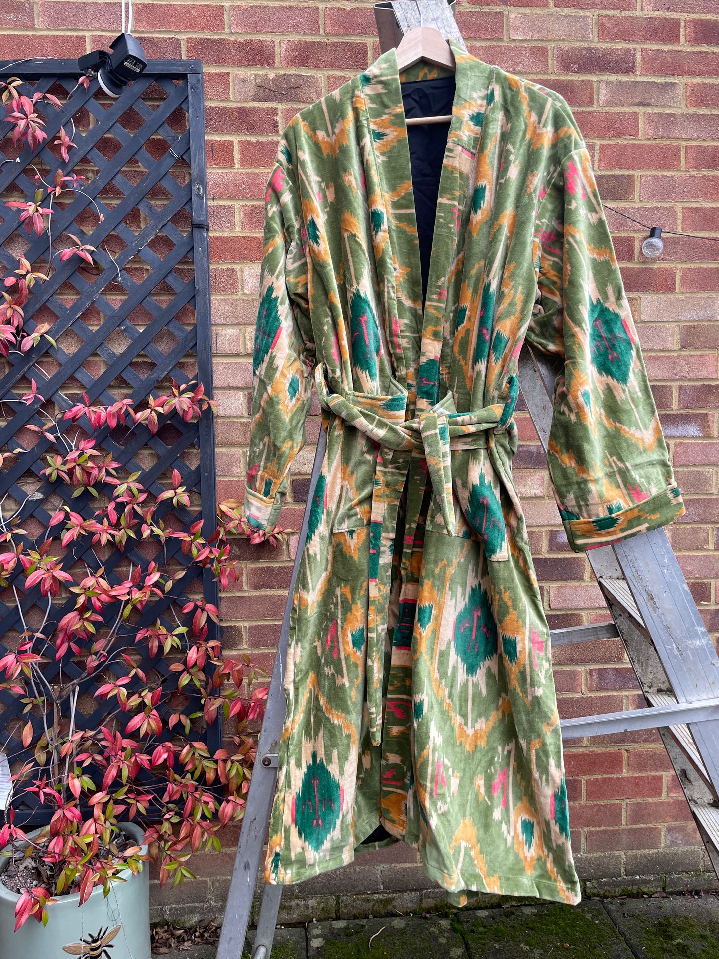 Women Robe Velvet Ikat Print Kimono Robes, Morning Tea Velvet Coat