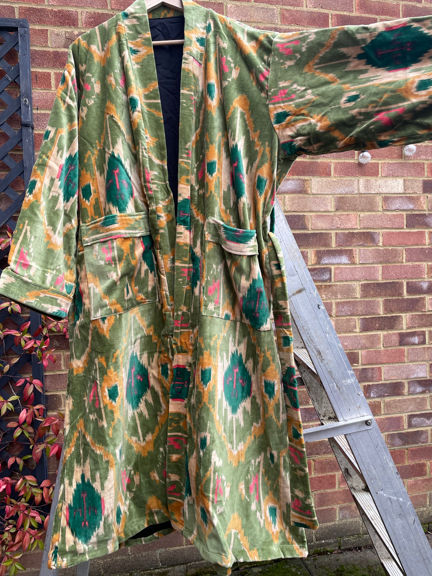 Women Robe Velvet Ikat Print Kimono Robes, Morning Tea Velvet Coat Artofakind