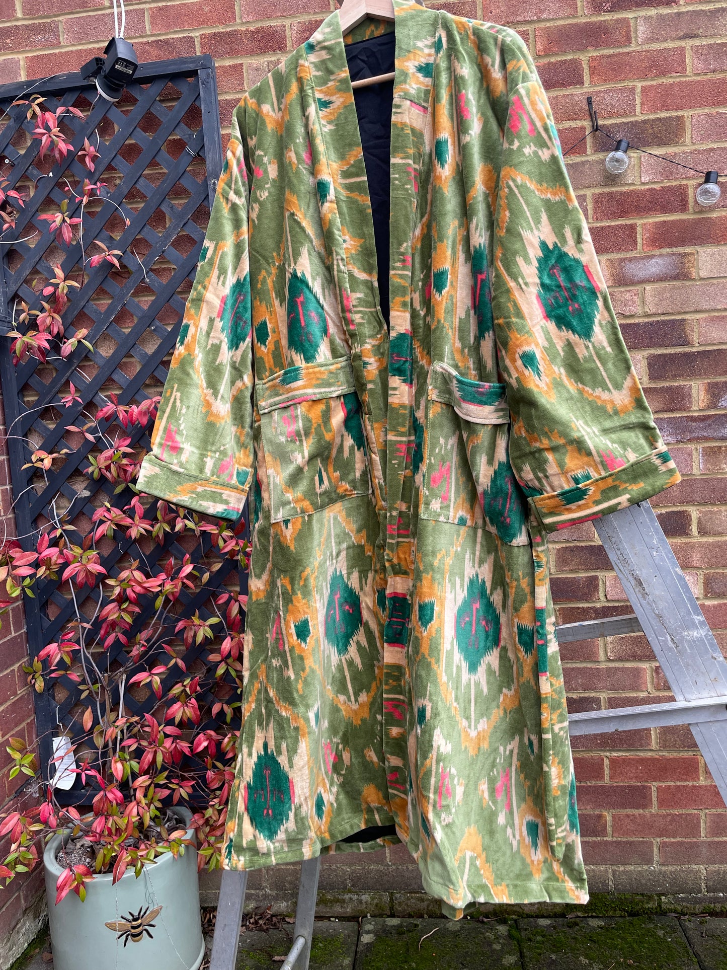 Women Robe Velvet Ikat Print Kimono Robes, Morning Tea Velvet Coat