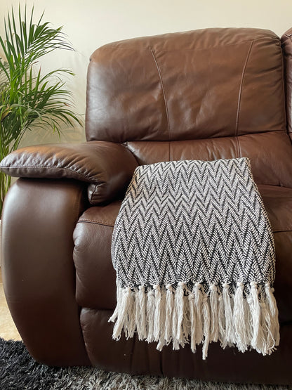Handcrafted Grey Cotton Sofa Throw with Decorative Tassels, Handmade Fringed Accent Throw Blanket Artofakind