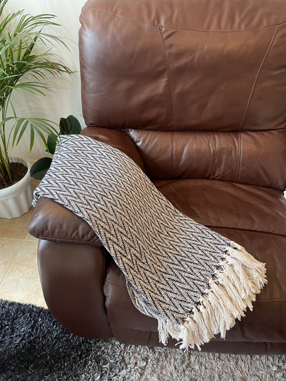 Handcrafted Grey Cotton Sofa Throw with Decorative Tassels, Handmade Fringed Accent Throw Blanket Artofakind