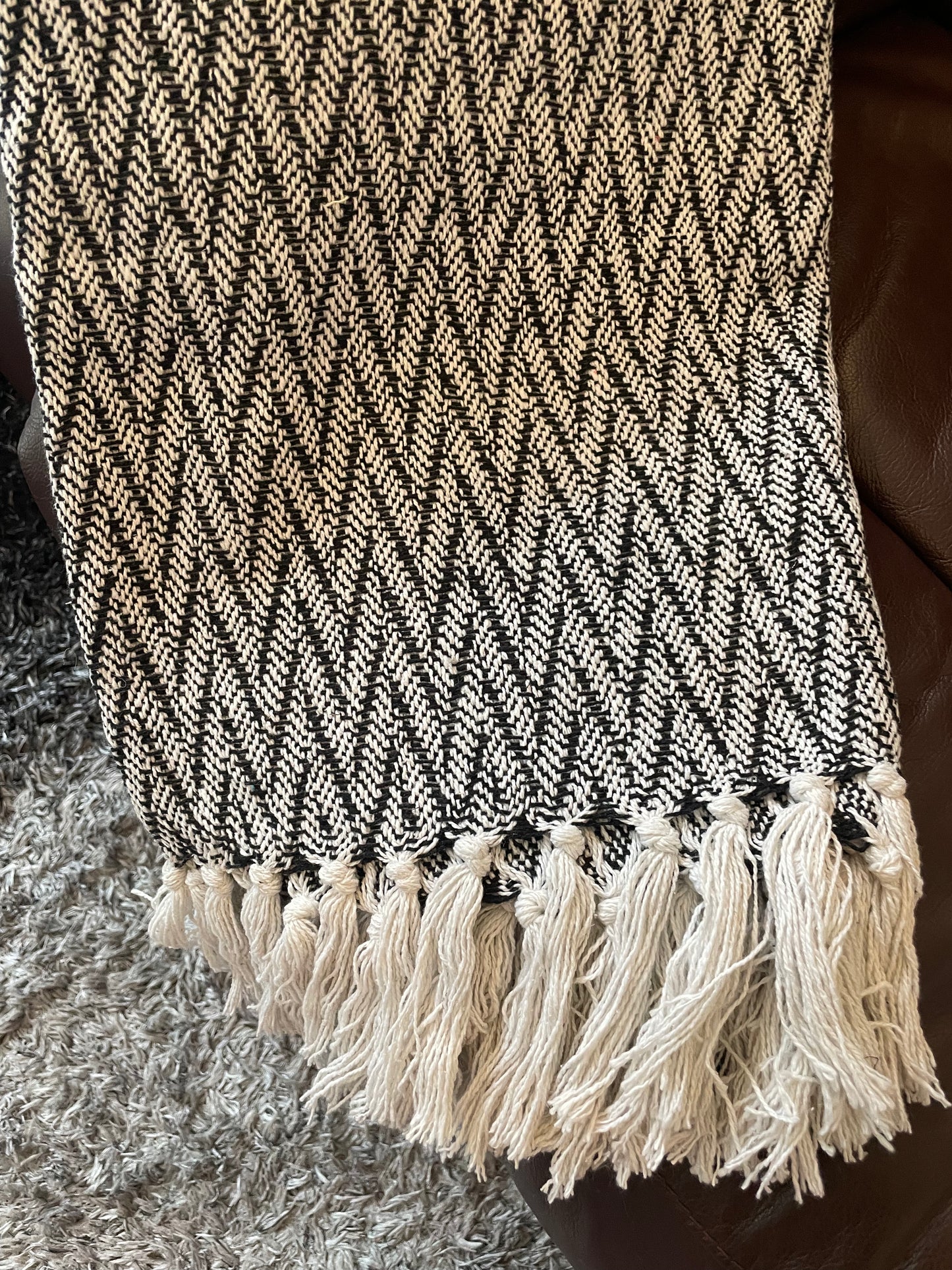 Handcrafted Grey Cotton Sofa Throw with Decorative Tassels, Handmade Fringed Accent Throw Blanket