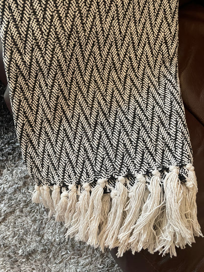 Handcrafted Grey Cotton Sofa Throw with Decorative Tassels, Handmade Fringed Accent Throw Blanket Artofakind