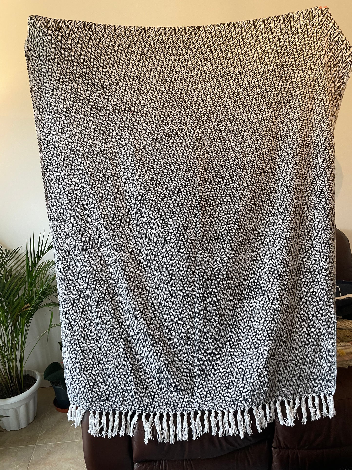 Handcrafted Grey Cotton Sofa Throw with Decorative Tassels, Handmade Fringed Accent Throw Blanket