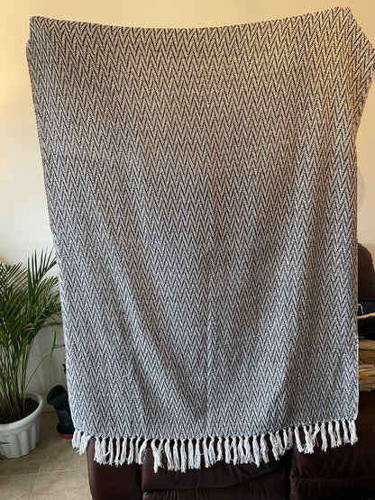 Handcrafted Grey Cotton Sofa Throw with Decorative Tassels, Handmade Fringed Accent Throw Blanket Artofakind