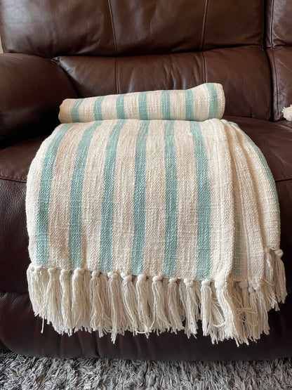 Striped blanket with tassels draped over a brown leather sofa.